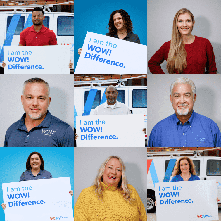 Mosaic of nine WOW! employees, some holding signs that say "I am the WOW! difference"